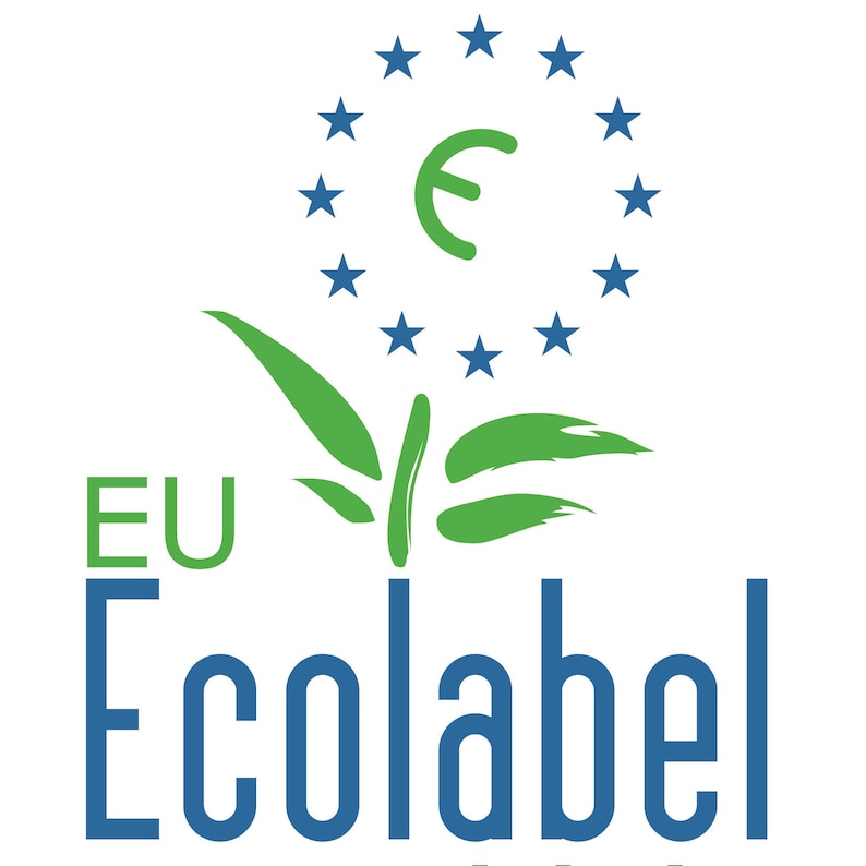 May include: The EU Ecolabel logo, featuring a stylized flower with green leaves and a blue star circle. The text "EU Ecolabel" is in blue and green, indicating environmental certification.