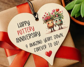 Pottery Anniversary Wooden Heart Plaque 9th Wedding Gift Plant Couple Decoration - 1933
