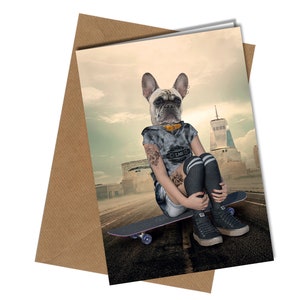 Geburtstagskarte Hund Französische Bulldogge Skater Lustig / Hundeportrait Skateboard #168b