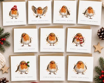 Weihnachtskarten mit Rotkehlchen, 10er-Packung, festliche Aquarell-Vogelgrüße - cb117