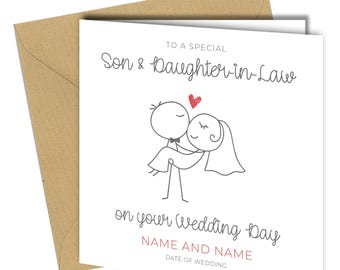 Son & Daughter-in-Law Wedding Card: Stick Figure Bride (6x6 in) Personalised
