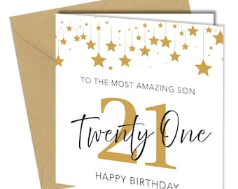 21st Birthday Card Son Twenty One Modern Gold Stars Design Special - 1689