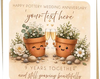 Personalised 9th Pottery Wedding Anniversary Card | Cute Plant Pot Couple | 9 Years Together | Husband Wife Message Inside - cb110