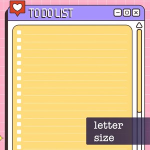 Peut inclure: Une liste de choses à faire numérique avec une icône en forme de cœur dans le coin supérieur gauche. La liste est intitulée "TO DO LIST" et a un fond jaune avec des lignes blanches. La liste est au format lettre.