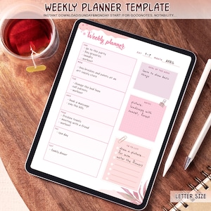 May include: A digital weekly planner template displayed on a tablet. The planner features a pink and white design with sections for daily tasks, notes, and goals. Text includes "Weekly Planner Template" and "Letter Size."