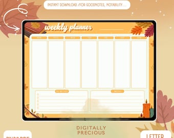 May include: A digital weekly planner with a cozy autumn theme. The planner features a warm color palette with orange and brown tones, and includes sections for each day of the week, a to-do list, and notes. The text "COZY AUTUMN WEEKLY PLANNER" is at the top.