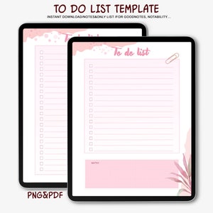 May include: Two digital tablet screens with pink and white backgrounds. The screens display a to-do list template with checkboxes and lines for writing. The text "To do list" is written in pink on the right screen. The text "NOTES" is written in black on the right screen. The text "PNG&PDF" is written in red at the bottom left of the image.
