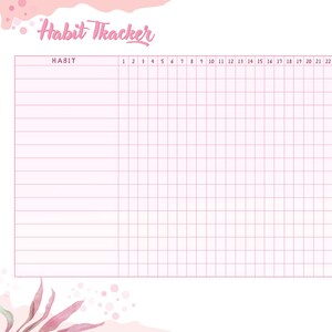 May include: A pink and white habit tracker with a floral design. The tracker has a column for the habit and 22 columns for the days of the month.