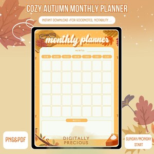 Op de afbeelding: Digitale maandplanner met een herfstthema. De planner heeft een kalenderindeling met ruimte voor notities, versierd met herfstbladeren en een stuk taart. De tekst bevat "Cozy Autumn Monthly Planner" en "Digitally Precious."