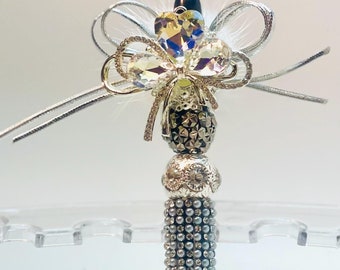 Rhinestone Beaded Pen: Black, Silver, and Zircon with Pom Pom