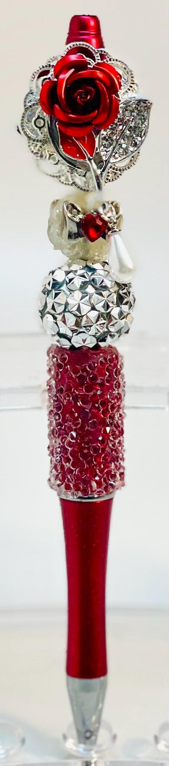 Red Rose & Pearl Beaded Pen: Silver Charms, Rhinestone Detail