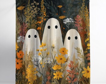 May include: A shower curtain featuring three white ghost figures with black eyes, set against a backdrop of colorful flowers and foliage. The design includes yellow, orange, and white flowers, with a dark green background.