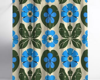 Blue Retro Floral Shower Curtain – Bold Mid Century Botanical Pattern