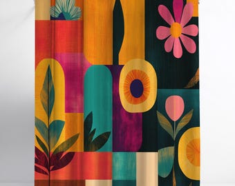 Vibrant Boho Floral Shower Curtain - Retro Botanical Bathroom Decor