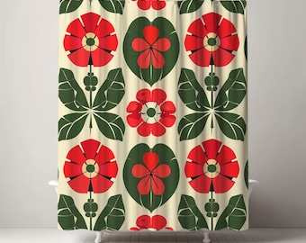 Boho Retro Shower Curtain - Red and Green Floral Design for Artistic Bathroom Decor