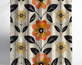 Orange Floral Shower Curtain – Vintage Mid Century Stylized Flowers