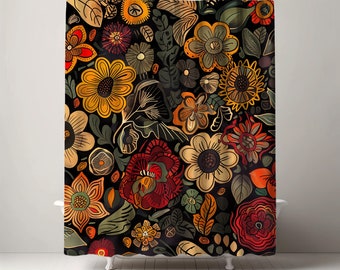 Rideau de douche floral bohème – Motifs botaniques riches pour une ambiance artistique de salle de bain.