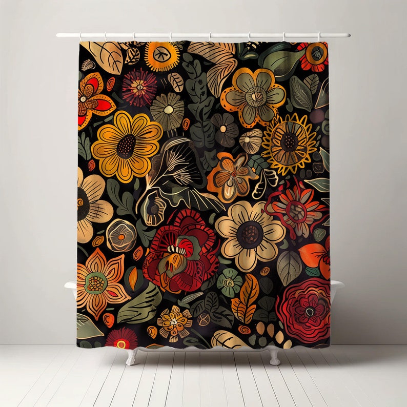 Boho Blumen Duschvorhang Reiche botanische Muster für ein künstlerisches Badezimmer Ambiente Bild 1