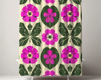 Boho Retro Shower Curtain - Pink and Green Botanical Print for Funky Bathroom Decor