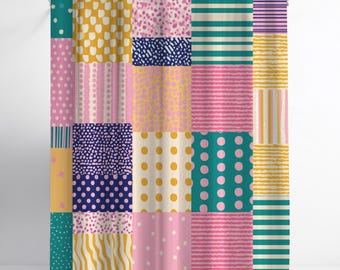 Funky Polka Dot Shower Curtain | Bright Stripes & Retro Patchwork