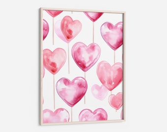 Heart Lollipop Print, Pink Heart Watercolor Painting, Digital Art Download, Valentine's Decor, Heart Candy Wall Art, Trendy Love Poster 05