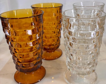 Indiana Glass Whitehall Cubist Vintage Footed Tumblers, Amber, Clear Water Glasses