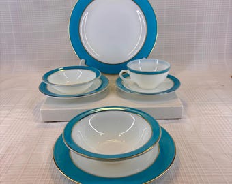 Vintage 1950’s Pyrex Turquoise Blue & Gold Trim Milk Glass Dinnerware - SOLD INDIVIDUALLY