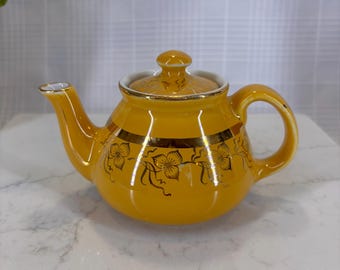 Vintage Hall China Individual Teapot - Canary Yellow & 22K Gold - One Cup - "New York" Style