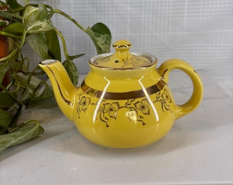 Vintage Hall China Airflow Teapot - 2 Cup Canary Yellow with Gold Floral Detail