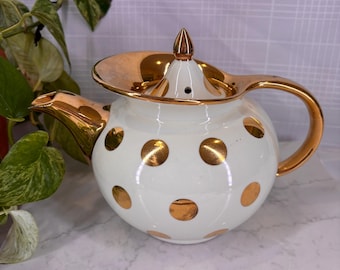 Vintage Hall China Gold Polka Dot "Windshield" Teapot 1940's, 6 cup