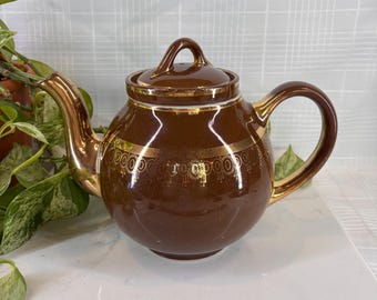 Vintage Hall China Teapot – Chocolate Brown 22K Gold Filigree Mid-Century Modern