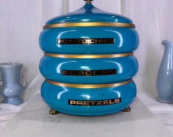 Vintage Lincoln BeautyWare "Pagoda" canister four-piece set, Robin's Egg Blue