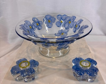 Vintage 1948 Colony Glass Dogwood Blue Console Set, Clear Elegant Pedestal Centerpiece Bowl & Single Flower Candle Holders, MCM