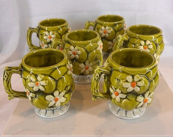Vintage 1967 Inarco Green Apples Daisies Mug E-2866, Retro Avocado Ceramic Coffee Cup, MCM Flower Power Japan, Sold Individually