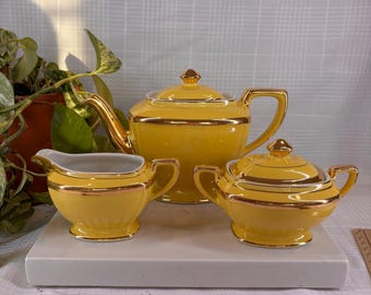 Vintage Hall China Canary Yellow Teapot Set with 22k Gold Trim