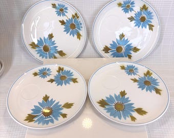 Vintage Noritake "Up-Sa Daisy" Salad Plates, Set of 4 – Blue Floral Retro 1970s