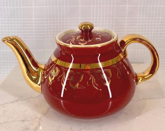 Vintage Hall China Baltimore Teapot - Maroon & 22k Gold Floral - 6 Cup Mid-Century