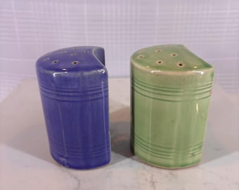Vintage Mid-Century Interlocking Salt and Pepper Shakers - Blue & Green Nesting Pair