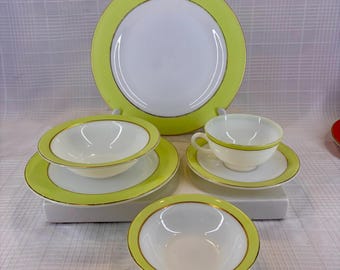 Vintage 1950’s Pyrex Lime Green & Gold Trim Milk Glass Dinnerware - SOLD INDIVIDUALLY