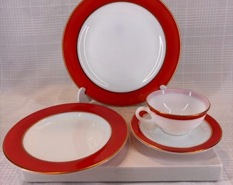 Vintage 1950’s Pyrex Flamingo Red & Gold Trim Milk Glass Dinnerware, Pieces Sold Separately