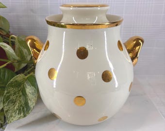 Vintage Hall China Eva Zeisel Gold Polka Dot Cookie Jar with Fitted Lid