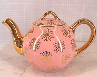 Vintage Hall China Pink "French Daisy" 4-Cup Teapot - Mid-Century Gold Label 055 GL -