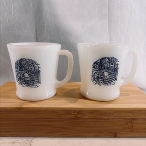 Vintage Fire-King Currier & Ives Milk Glass Mugs - Set of 2 | Blue and White Old Farm Gate Pattern Coffee Cups