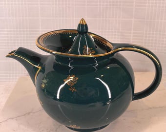 Vintage Hall China "Windshield" Teapot | Forest Green with Gold Roses