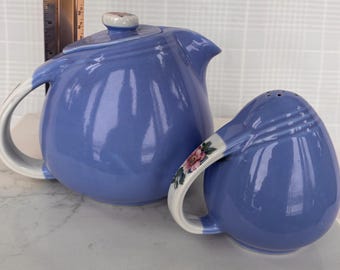 Vintage Hall China Teapot: Rose Parade Pattern, Cadet Blue, 5-Cup Capacity