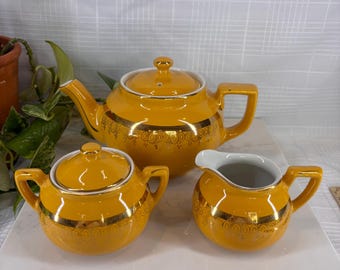 Vintage Hall China Yellow & Gold Tea Set - 3 Piece