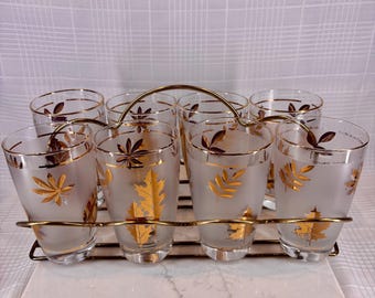 Set of 8 Frosted Gold Leaf Highball Glasses, MCM Brass Carrier
