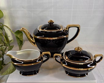 Vintage Hall China Black 6-cup Teapot Set with 22k Gold Trim