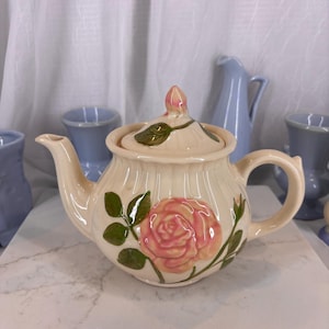 Vintage 1950s Shawnee Pottery Pink Rose Teapot - Hand-Painted  Embossed Floral Tea Pot