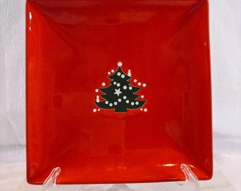Vintage Waechtersbach Christmas Tree Square Plate 8” | Red Ceramic Holiday Salad Dessert Dish | Retro Germany Festive Dinnerware Replacement